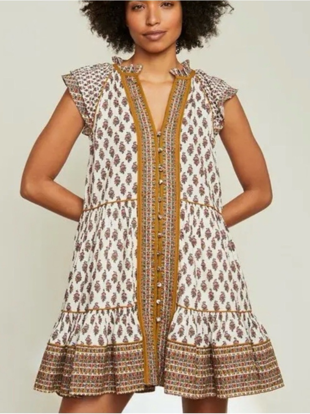 Veronica Beard Amoura Boho Floral Tiered Sundress in White and Mustard sz12